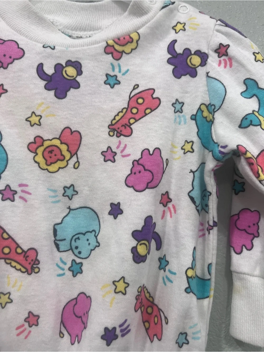 Vintage Fisher Price Kidswear Baby Bodysuit Animal Print Puff Sleeve